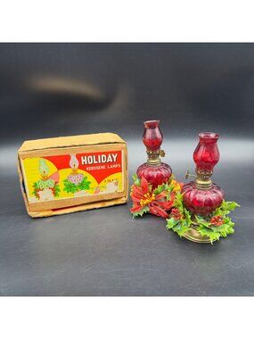 Vintage Christmas Kerosene Hurricane Oil Lamps Glass Poinsettia Holly 1960s